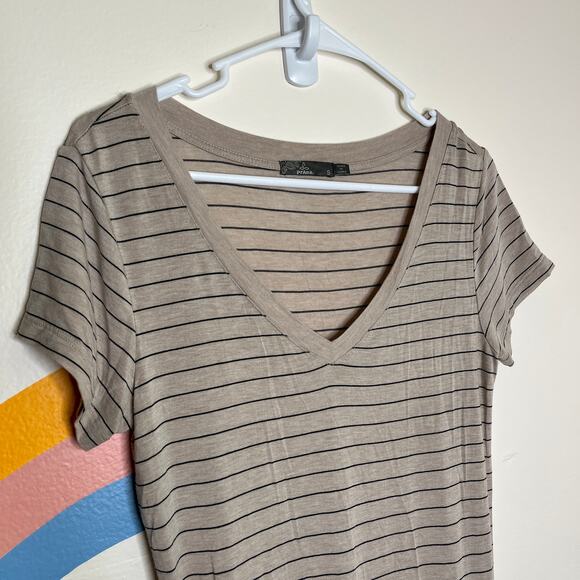 prAna Striped V Neck Midi T Shirt Dress Womens Size S Taupe Gray Ruched Stretch - Picture 4 of 7